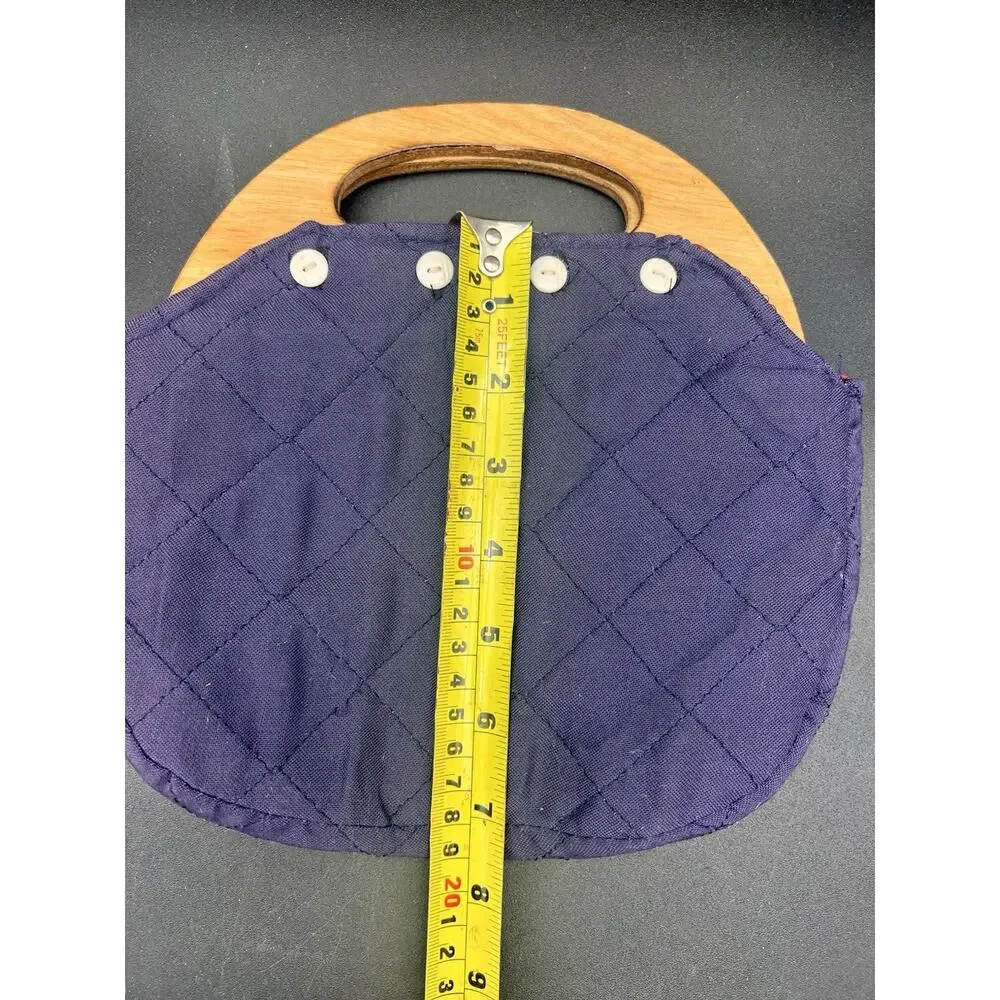 Vintage Bermuda Wooden Handle Bag Purse Blue Reversible Cover Handbag Pocketbook